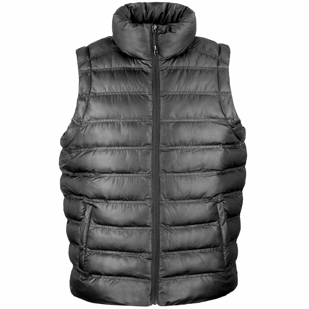 A black puffer vest featuring a front zipper and high collar from the Result Urban Outdoor collection, product code R193M.