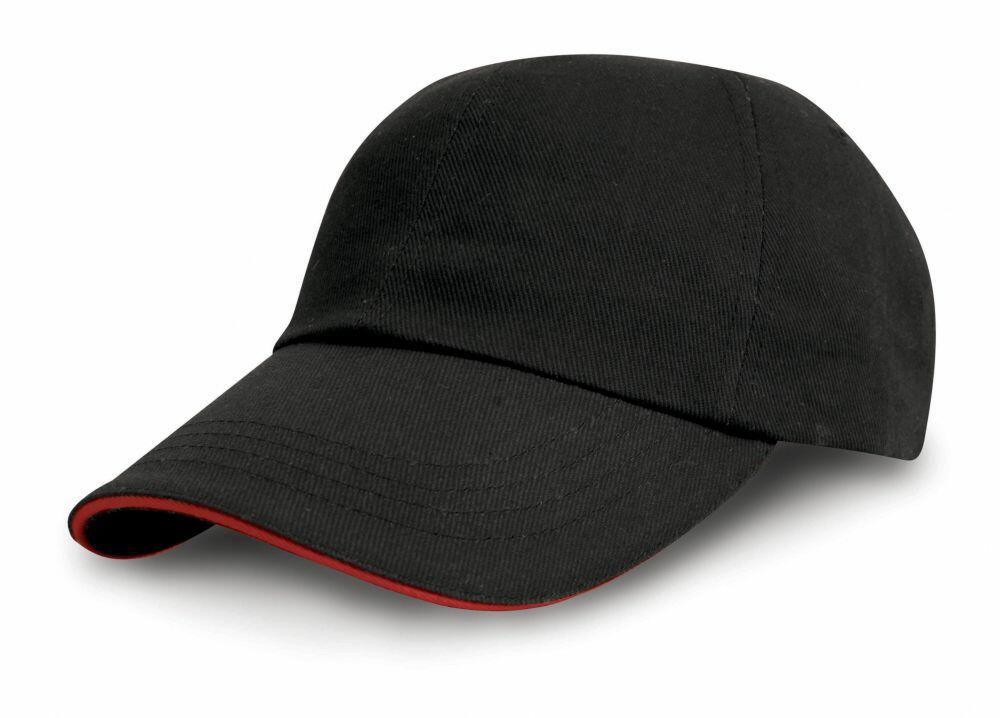 Result Headwear's RC10P is a black baseball cap featuring a curved brim and a red underside.
