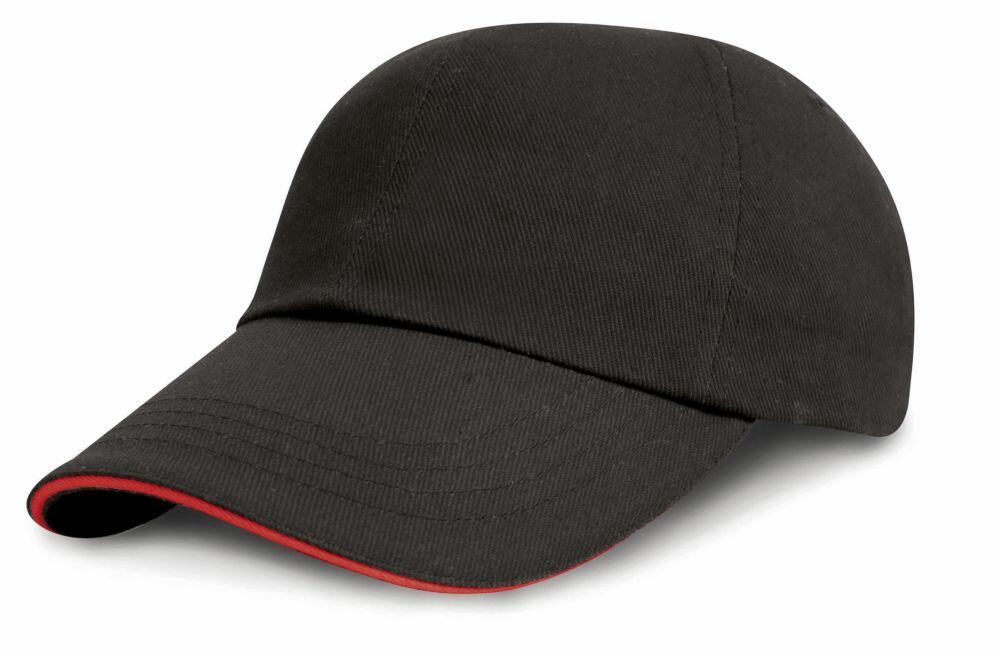 A Result Headwear RC24P featuring a sleek black design with a subtle red accent along the edge of the brim.