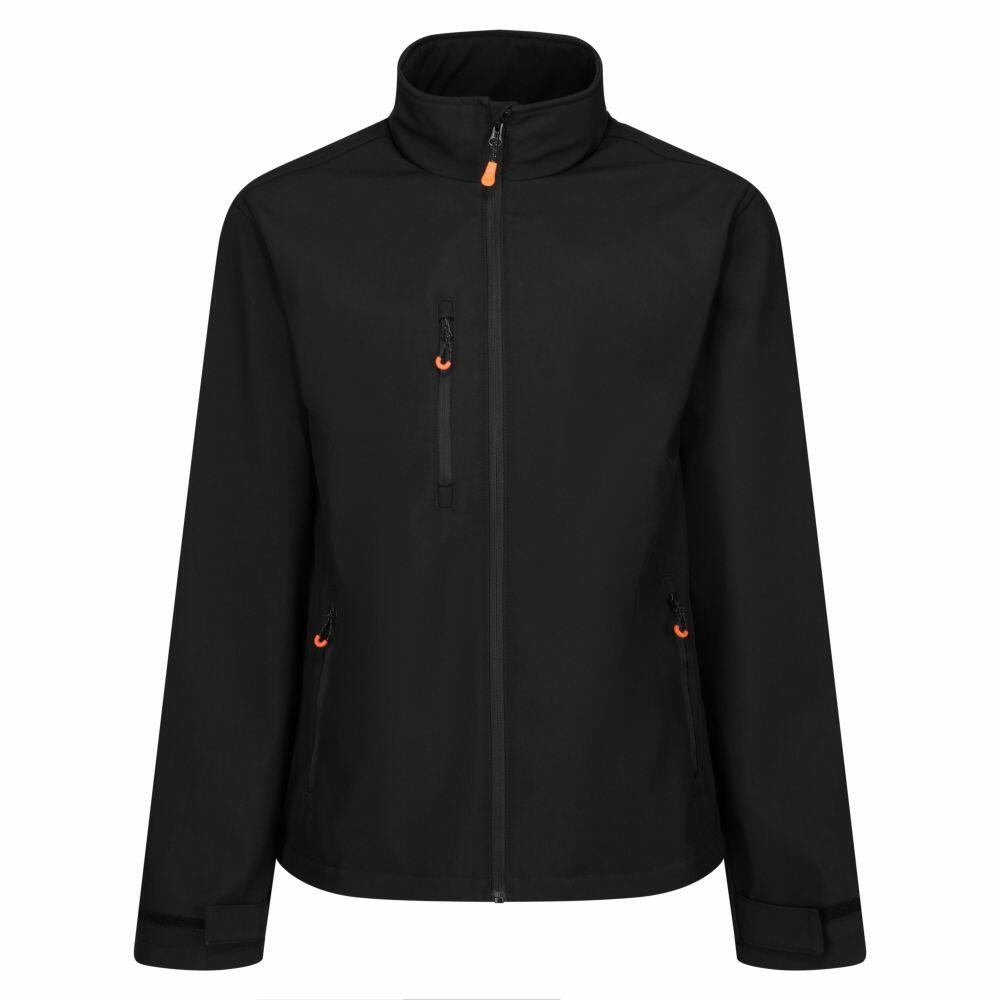 The RG546 black zip-up jacket by Regatta features orange accents, a high collar, and three front pockets.