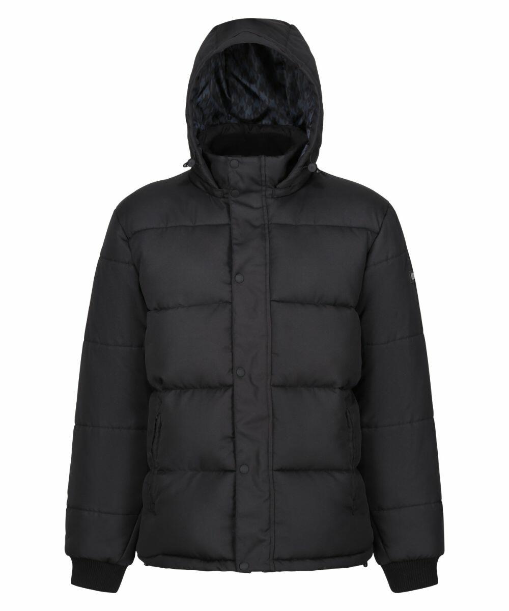 The RG587 by Regatta Professional is a black puffer jacket with a hood, featuring a front button closure and long sleeves.