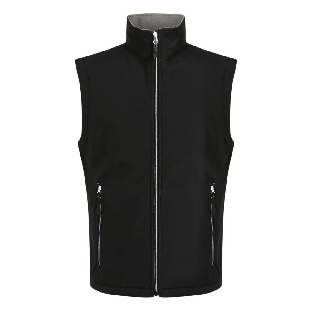 The RG591 by Regatta Professional is a black vest featuring a high collar and two zippered pockets on the front.