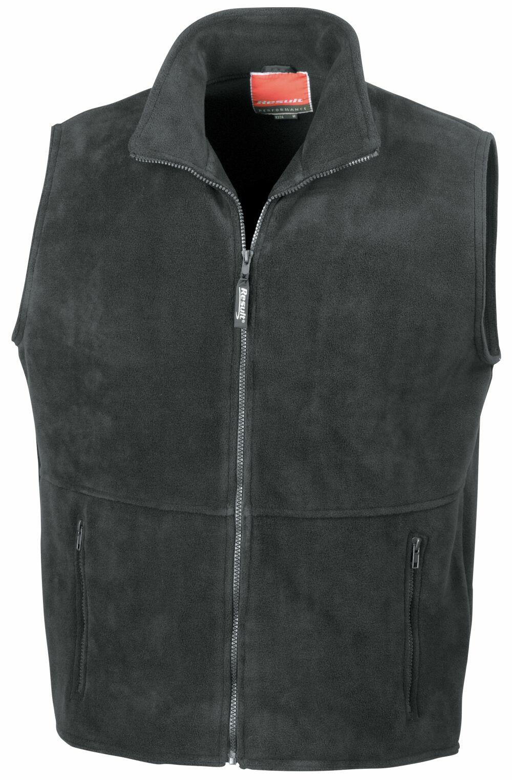 Product Information: Result RE37A - A black fleece zip-up vest featuring two front pockets and a high collar, displayed against a white background.