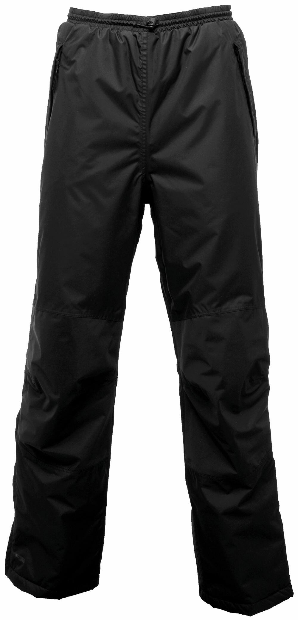 The RG030 pants by Regatta Professional are black, waterproof, and feature an elastic waistband with zippered pockets, specifically designed for outdoor activities.