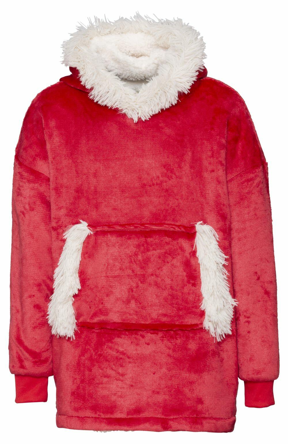 Ribbon's RI003 is a red plush hoodie featuring white fuzzy lining on the hood and pocket edges.