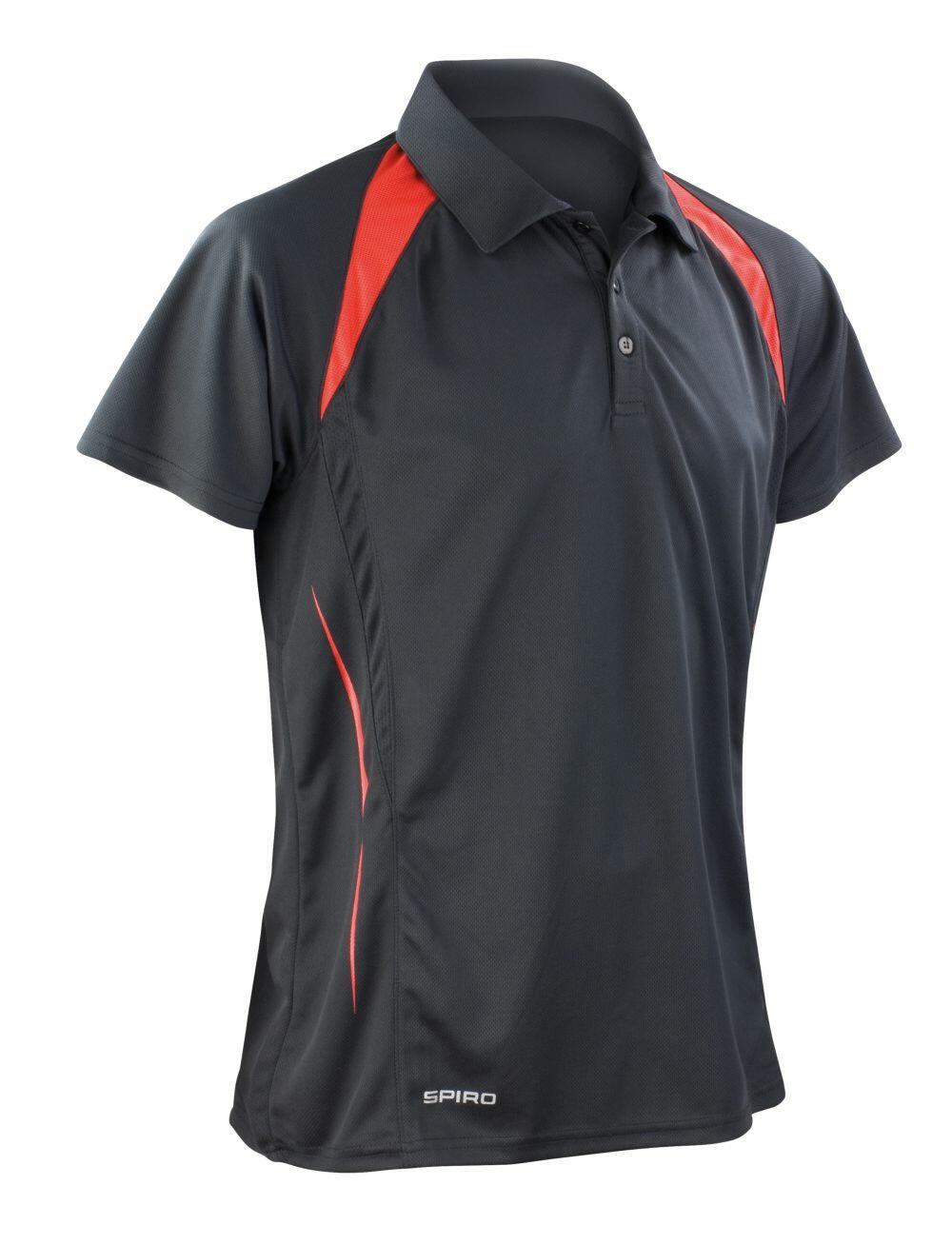 The Spiro S177M is a dark gray polo shirt with red accents on the shoulders and sides, featuring a collar and short sleeves.