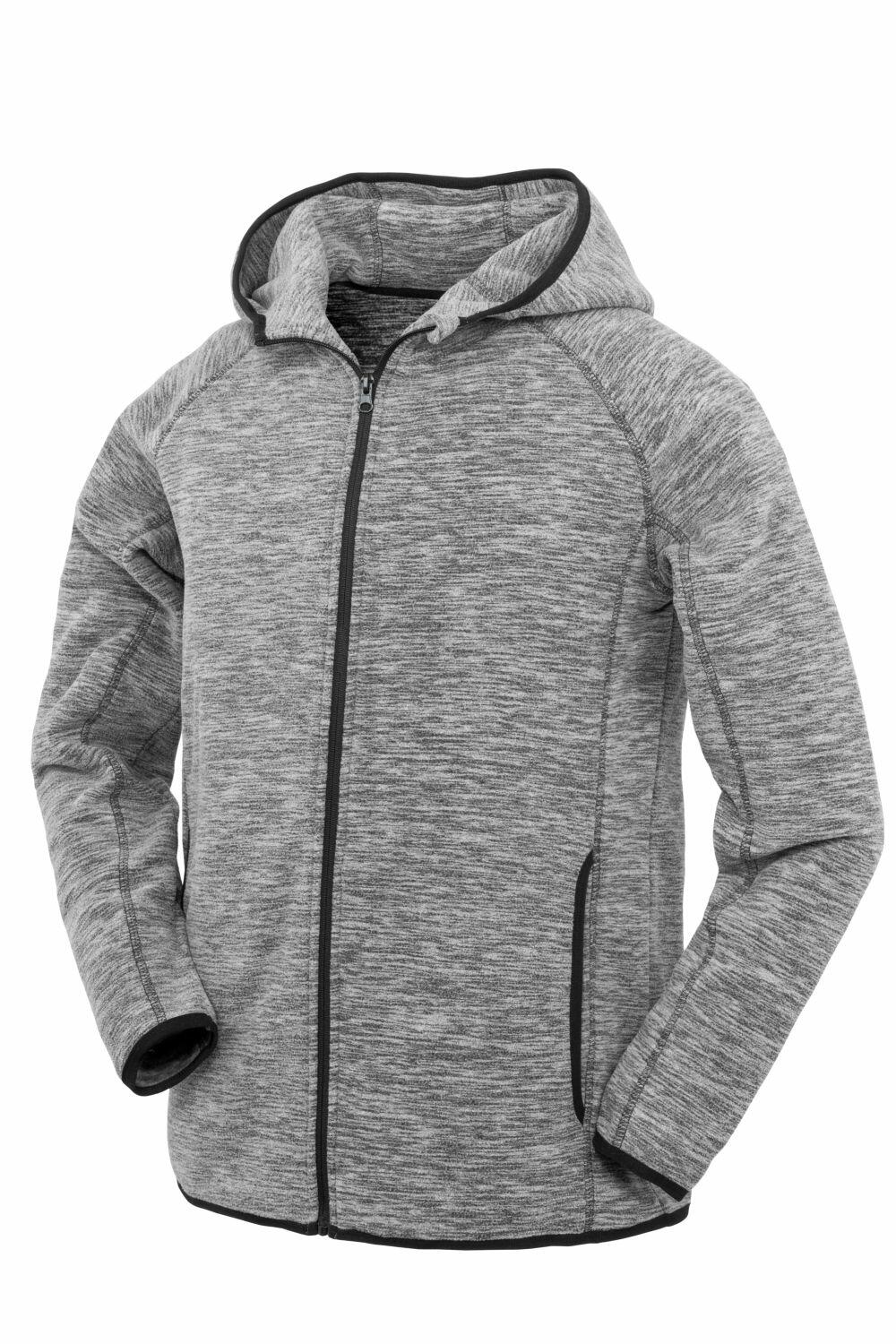 Spiro's S245M gray zip-up hoodie features two zippered pockets and a hood, showcased upright on a white background.