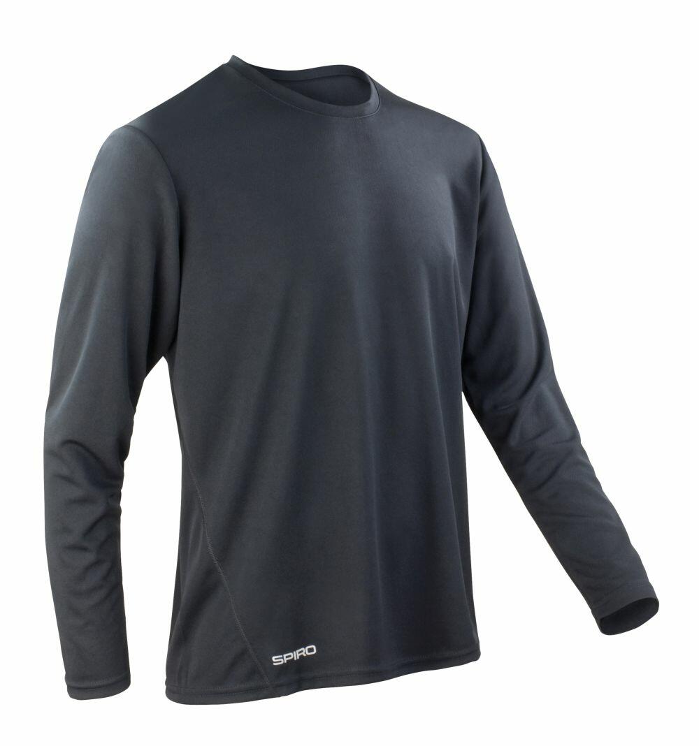 Spiro's S254M is a long-sleeve black T-shirt featuring a round neckline and a small logo on the lower left side.