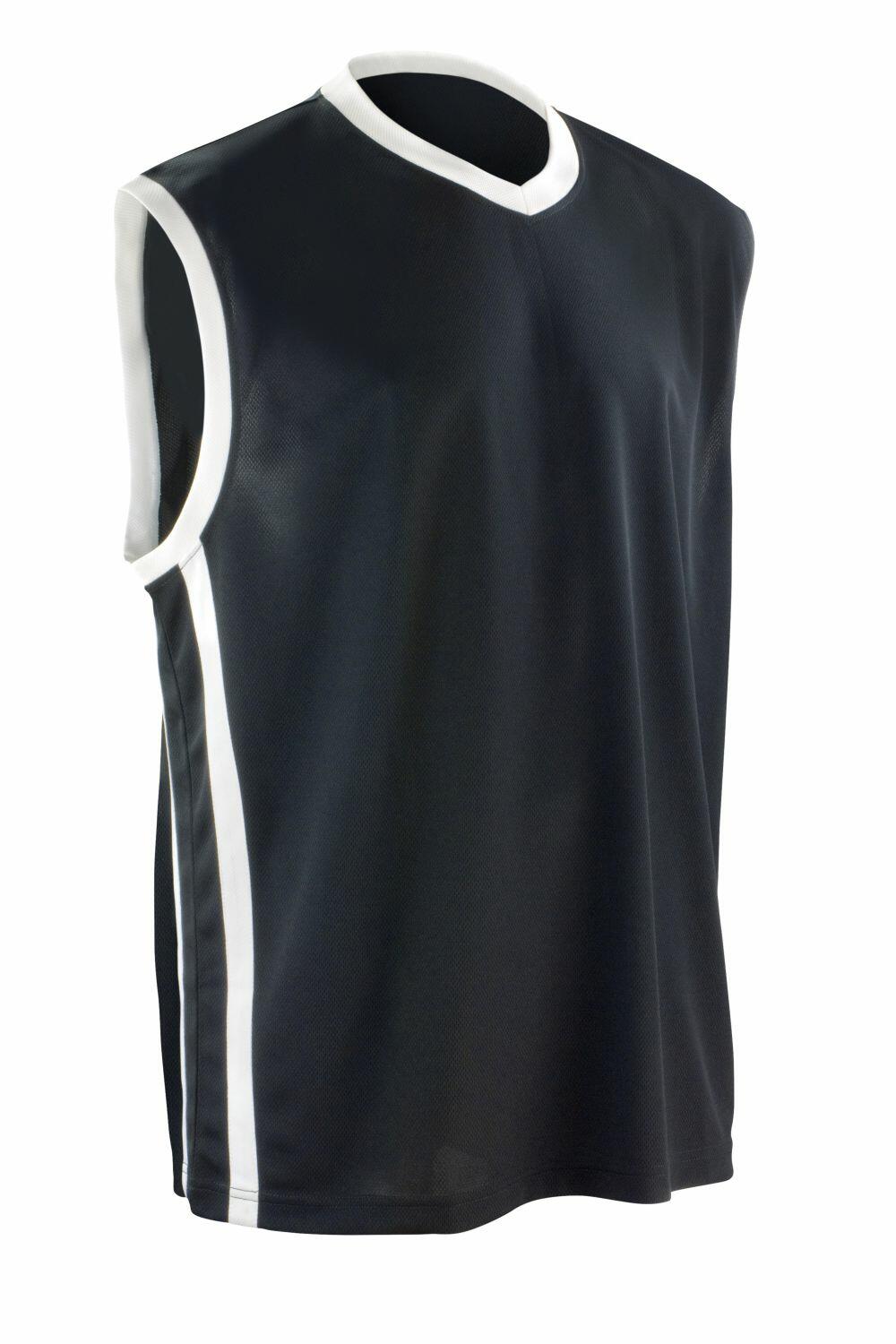 Spiro's S278M is a black sleeveless sports jersey featuring white trim along the sides and neck.