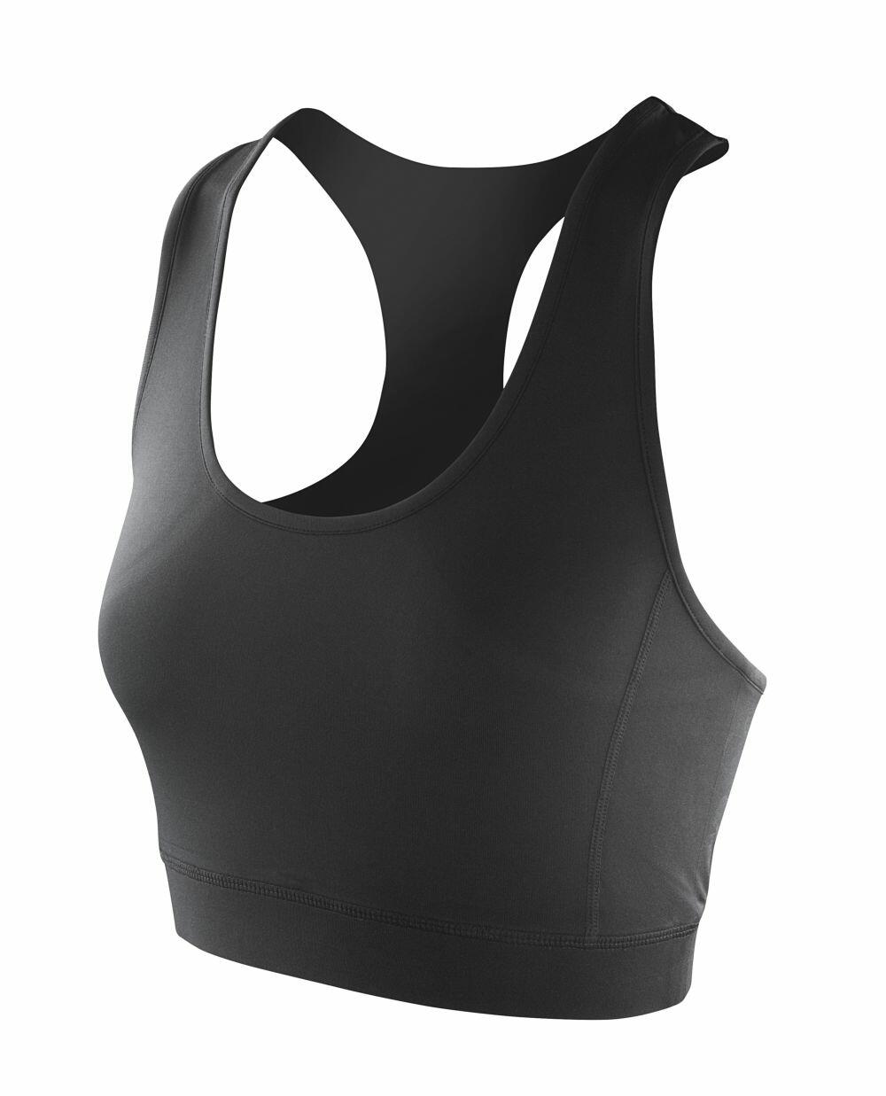 Spiro's S282F is a black racerback sports bra featuring wide straps and a smooth, fitted design.