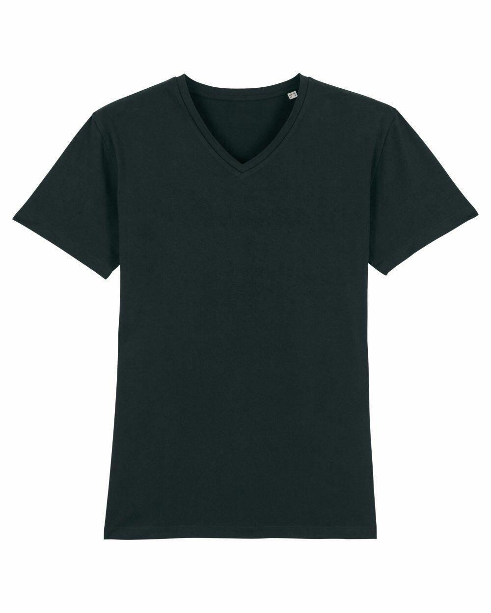 The SX021 by Stanley/Stella, a plain black V-neck T-shirt, is shown against a white backdrop.