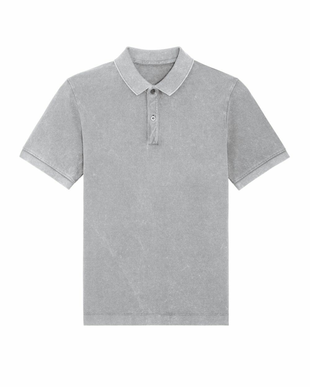 Stanley/Stella's SX129 is a gray short-sleeve polo shirt featuring a collar and two-button placket.