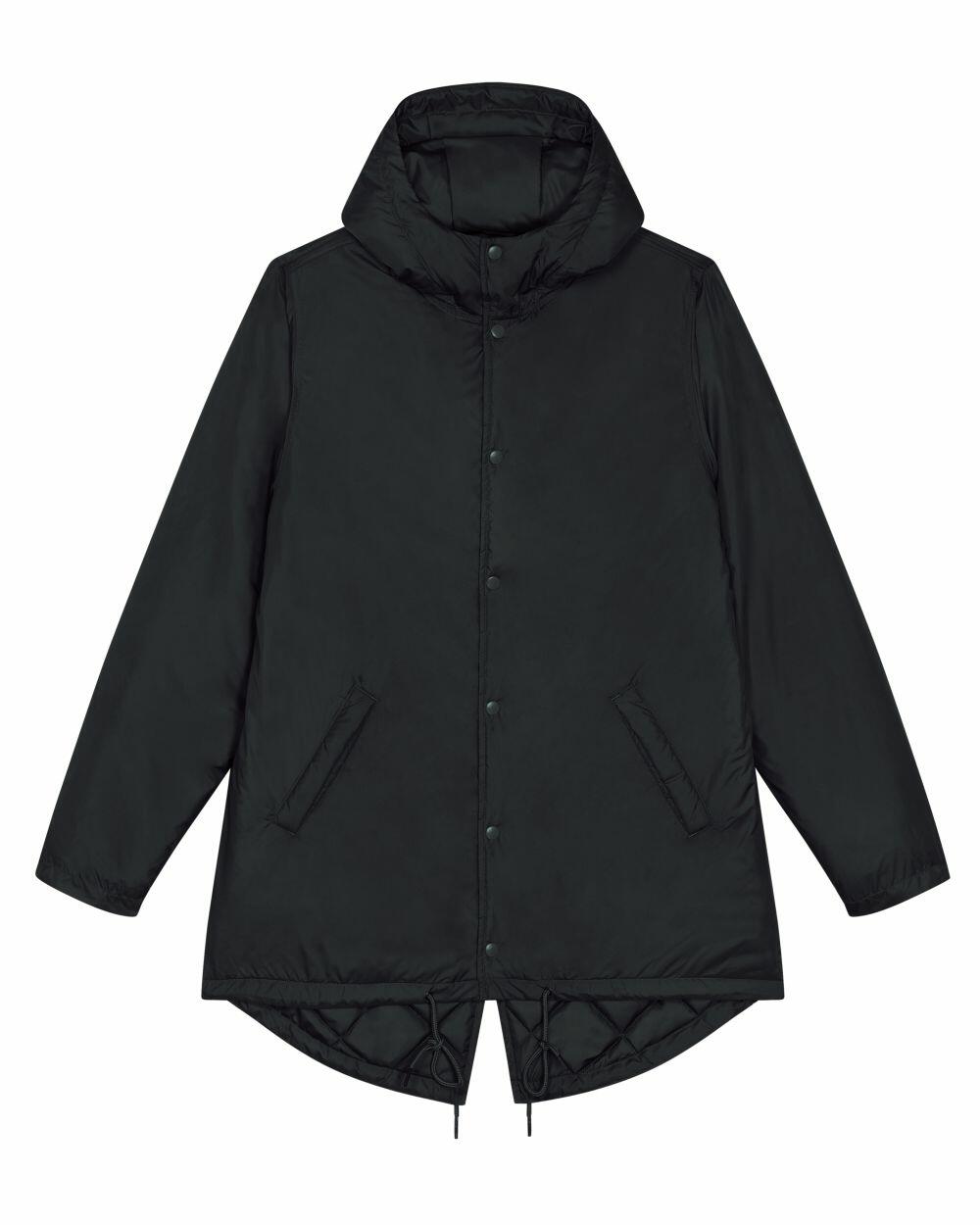 Stanley/Stella's SX204 dark green hooded parka jacket features a front button closure and two side pockets, presented against a white background.