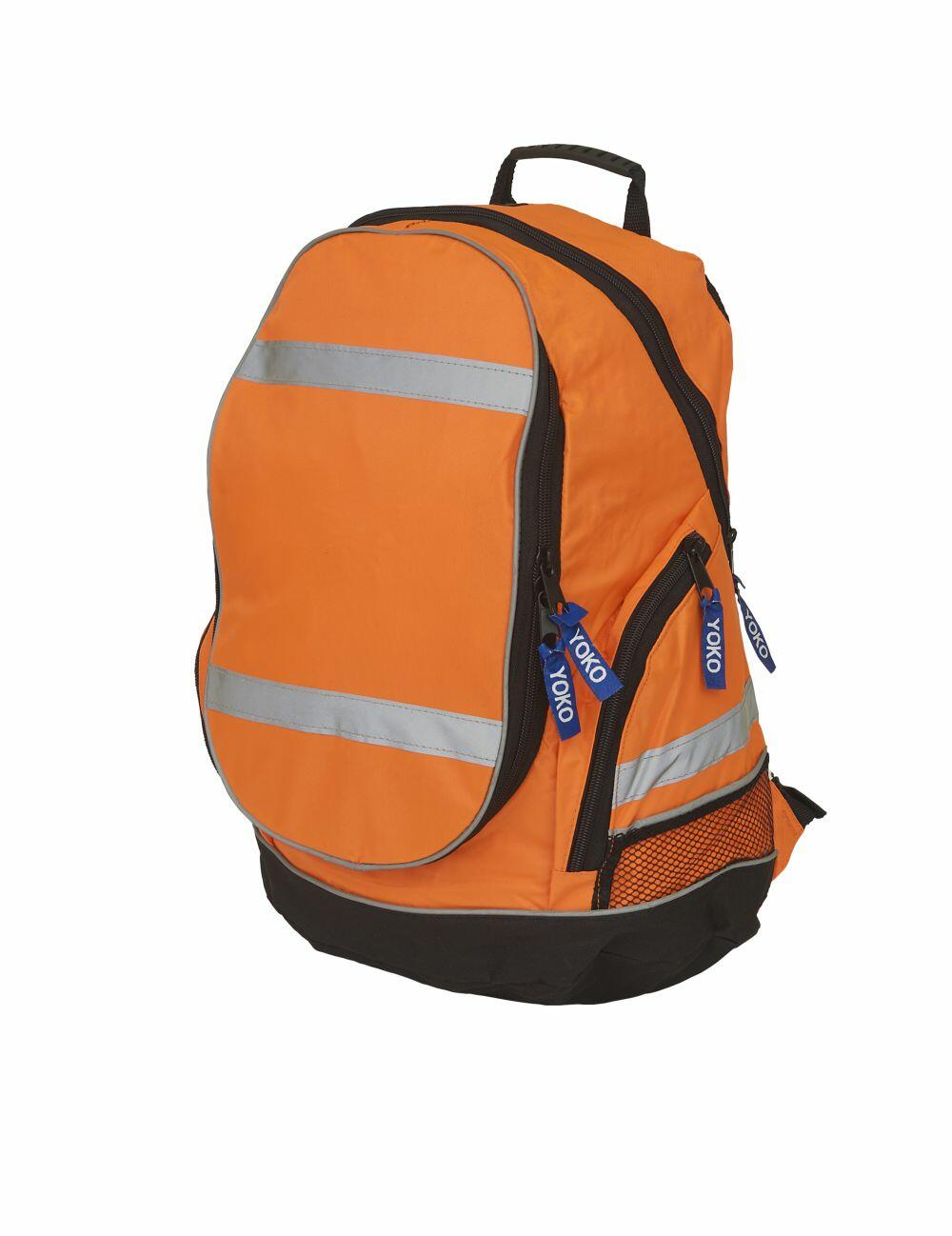The YK150 backpack by Yoko features a vibrant orange design with reflective silver stripes, multiple compartments, and branded zippers.