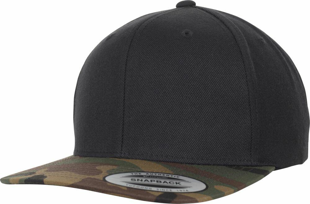A YP089 snapback cap from Flexfit By Yupoong, featuring a black design with a camouflage patterned brim.