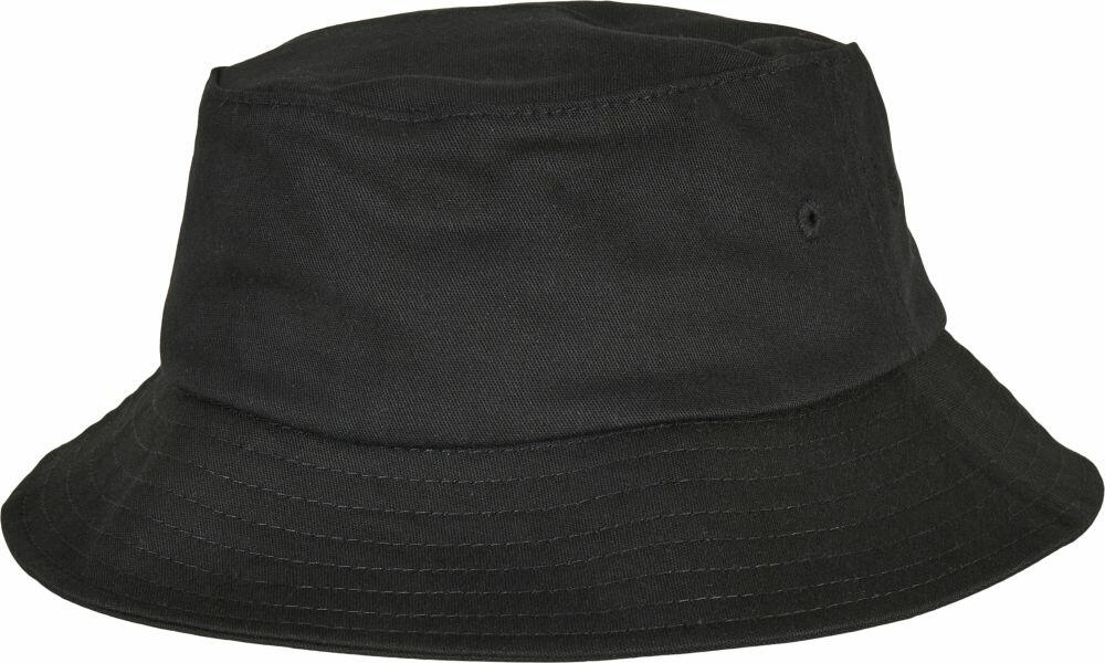 A plain black bucket hat with visible stitching around the brim from Flexfit By Yupoong, model YP169.