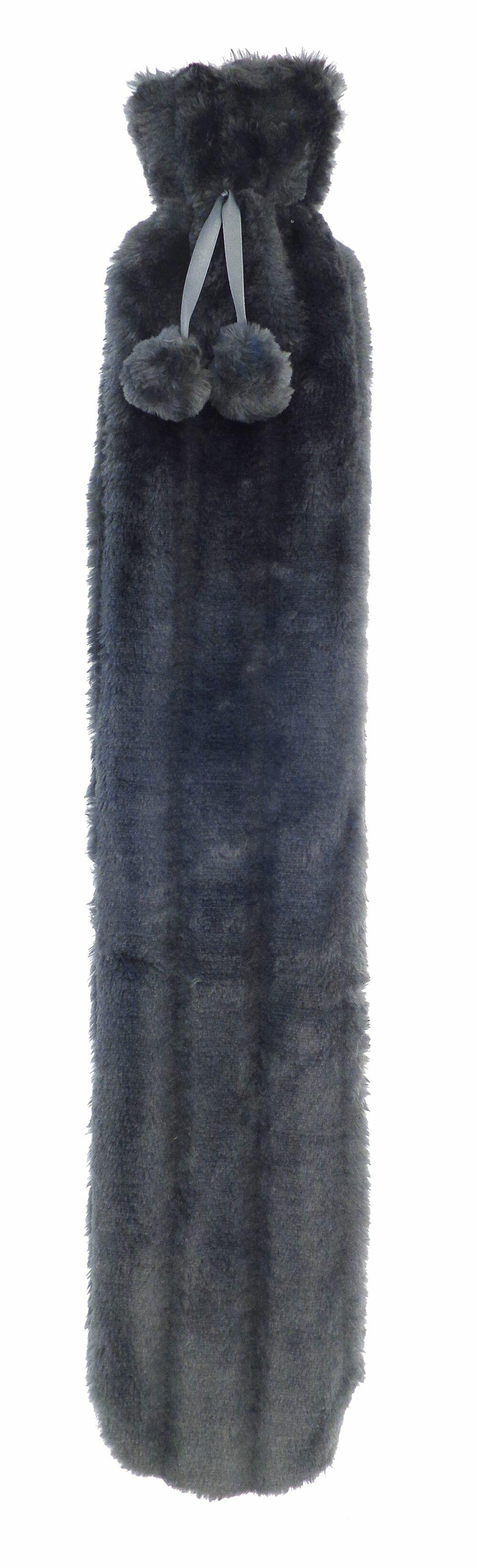 A long faux fur hot water bottle cover in dark gray, featuring pom-pom ties at the top, expertly crafted by Home & Living under the product code HL016.