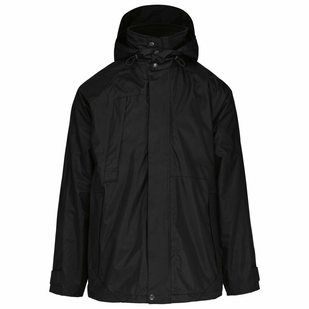 A Kariban KB657 black hooded jacket displayed on a plain white background.