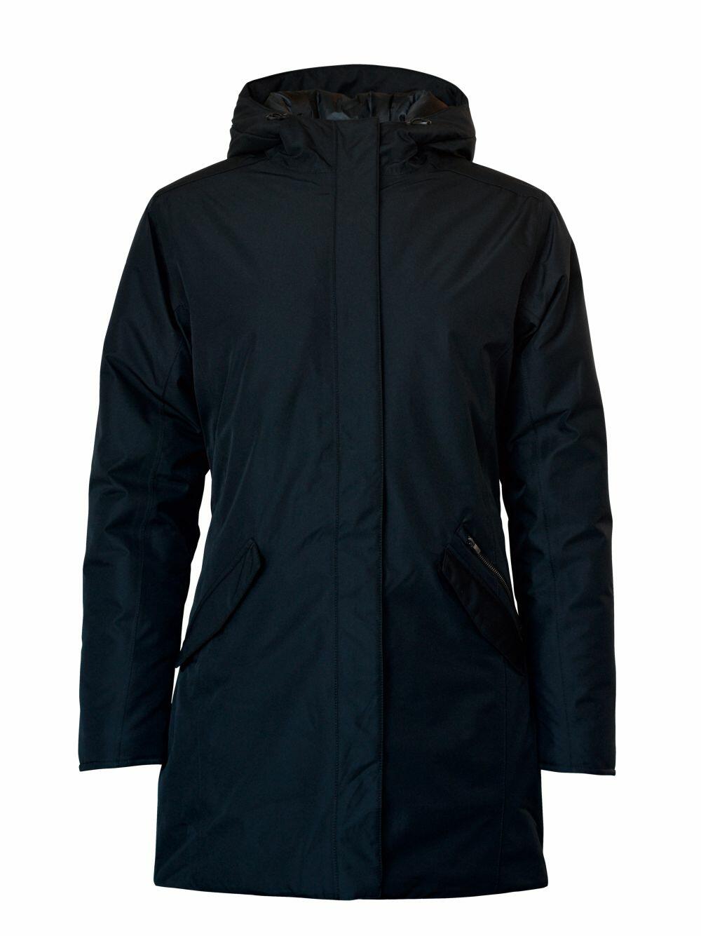 Nimbus N111F black hooded winter coat featuring front pockets and a zip closure.