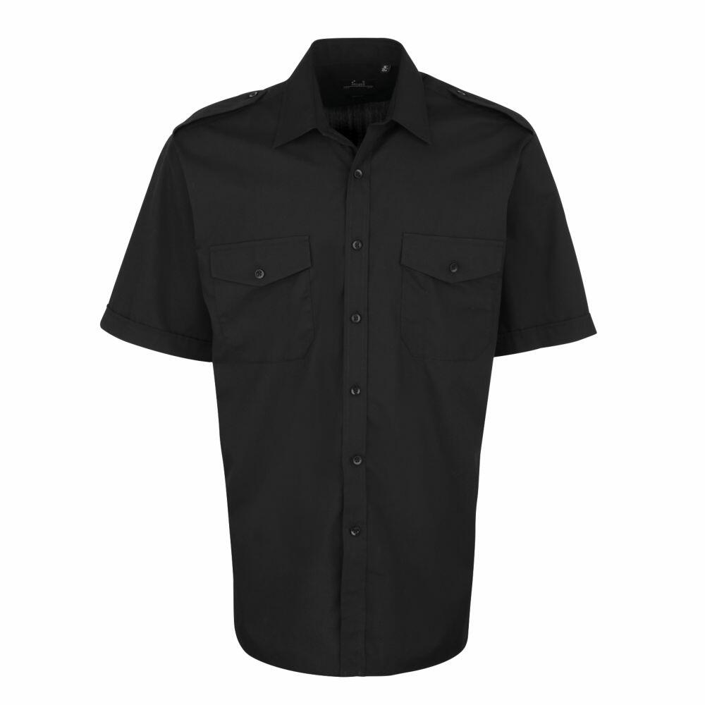 Premier's PR212 is a short-sleeve black button-up shirt featuring a collar and two chest pockets.