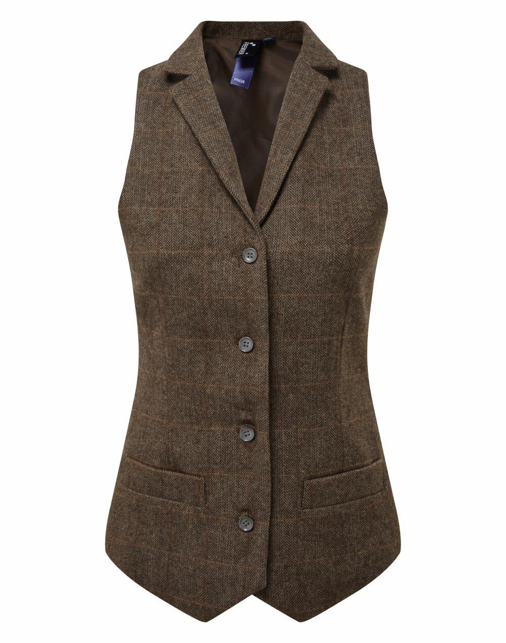 Premier's PR626 is a brown plaid vest featuring four buttons, a notched collar, and two front pockets.