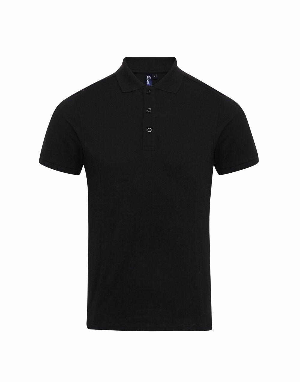 A Premier PR630 polo shirt in plain black, featuring a collar and three buttons.