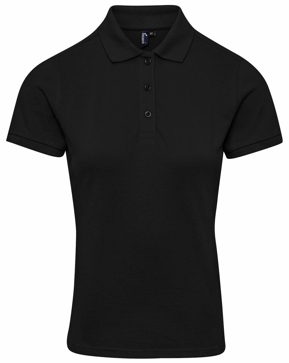 Premier's PR632 black short-sleeve polo shirt featuring a three-button front.
