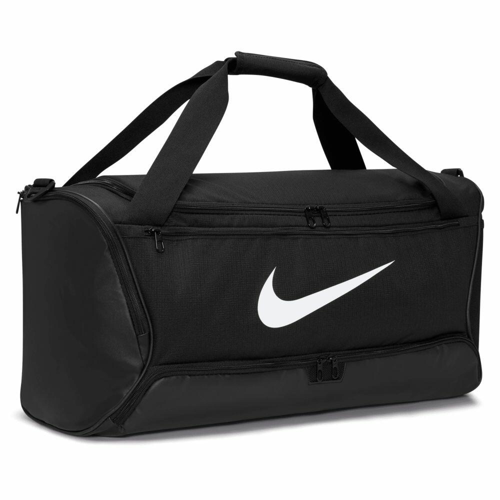 Nike's NK371 duffel bag in black, adorned with a white logo, includes dual handles and a zippered top compartment.