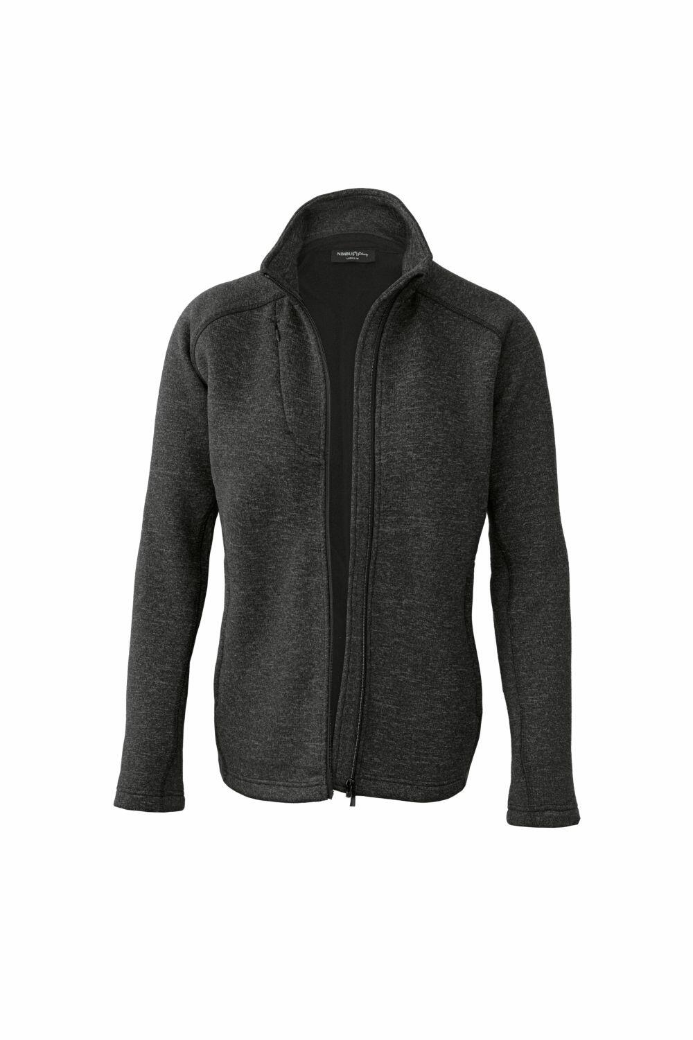 A Nimbus Play NP08F fleece jacket in dark gray, featuring long sleeves and a high collar, showcased against a white background.