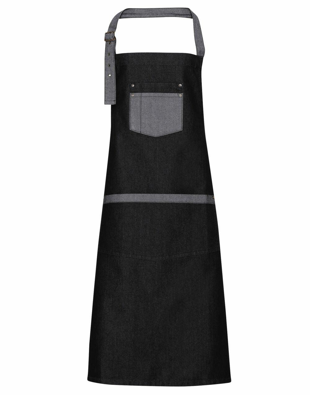 The PR127 by Premier is a black apron featuring a grey adjustable neck strap and a front pocket.