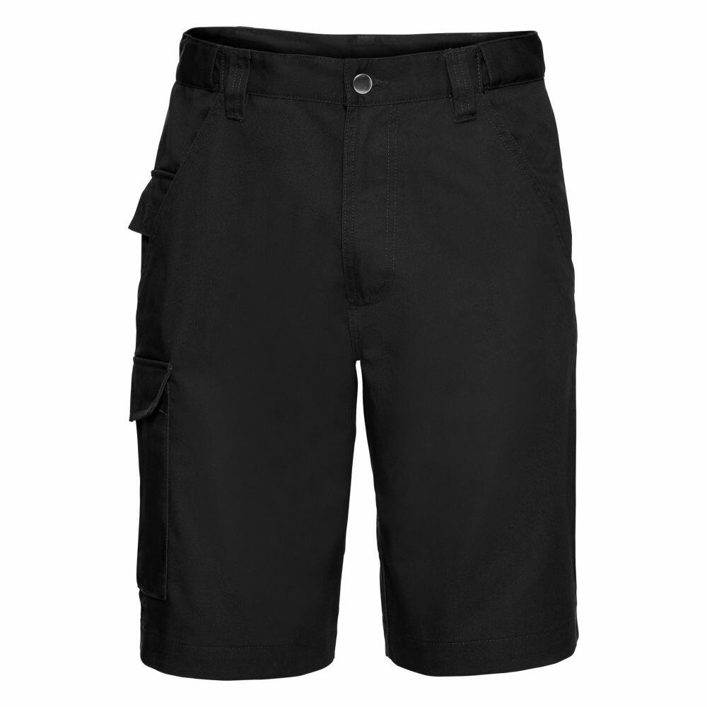 Russell J002M black cargo shorts featuring multiple pockets and a button closure, showcased against a plain white background.
