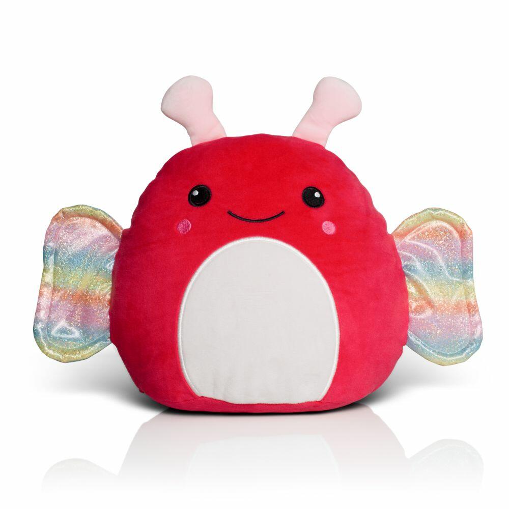 Mumbles MM800 plush toy featuring a red body, white belly, cheerful smile, pink antennae, and rainbow-patterned wings.