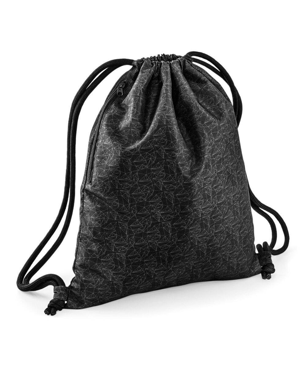 A Bagbase BG180 drawstring backpack featuring a geometric pattern in black.