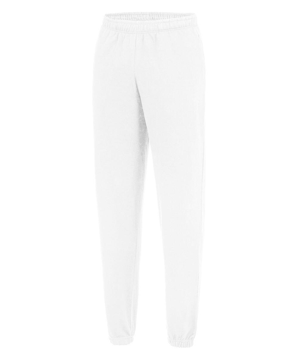 The product JH072 from AWDis Just Hoods is a pair of white sweatpants featuring an elastic waistband and cuffs, displayed on a plain white background.