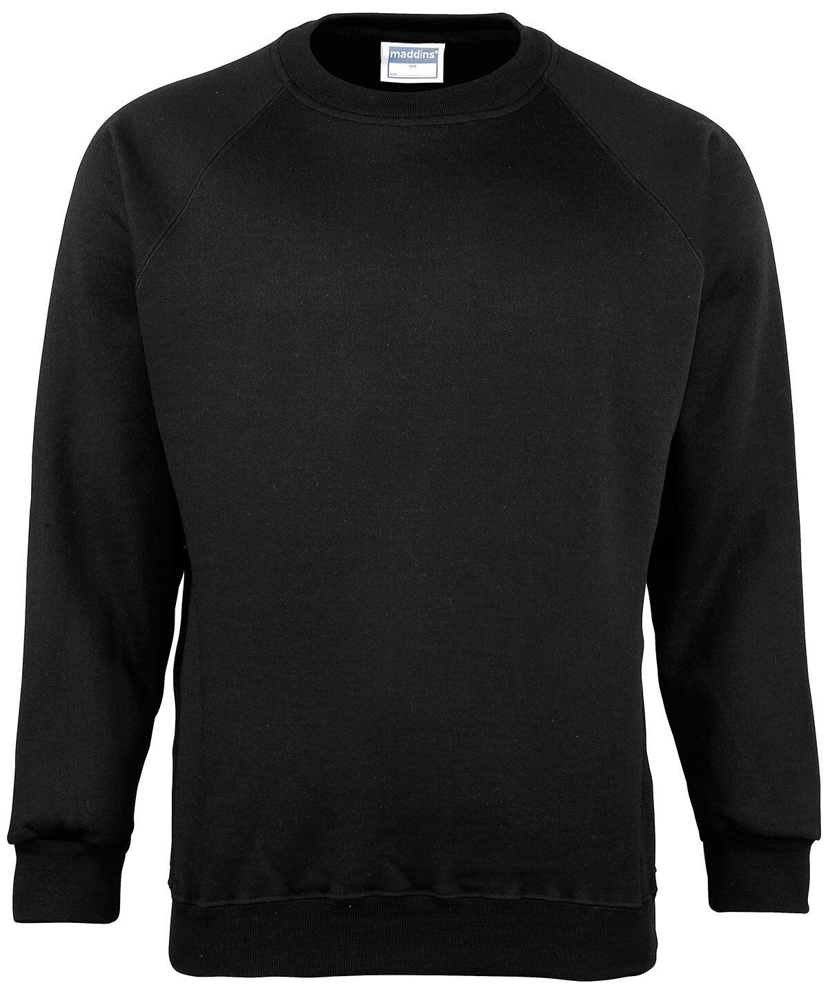 MD01M by Maddins, a black crewneck sweatshirt with long sleeves, showcased on a plain background.