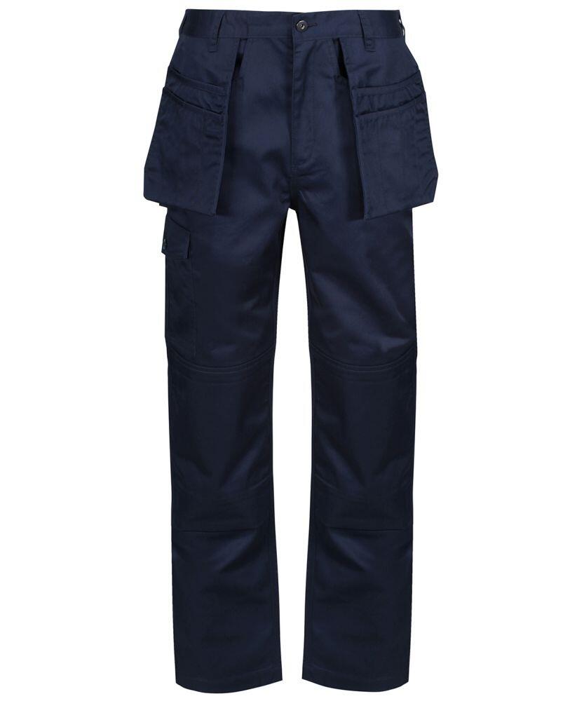 The RG323 work pants by Regatta Professional come in navy blue and feature multiple pockets, including two large flap pockets on the front, along with reinforced knee areas.