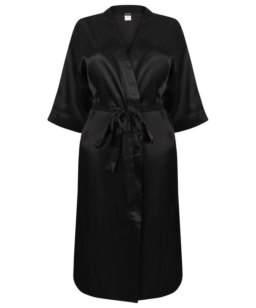 TC054 by Towel City is a black, silky robe featuring a waist belt, showcased against a plain background.