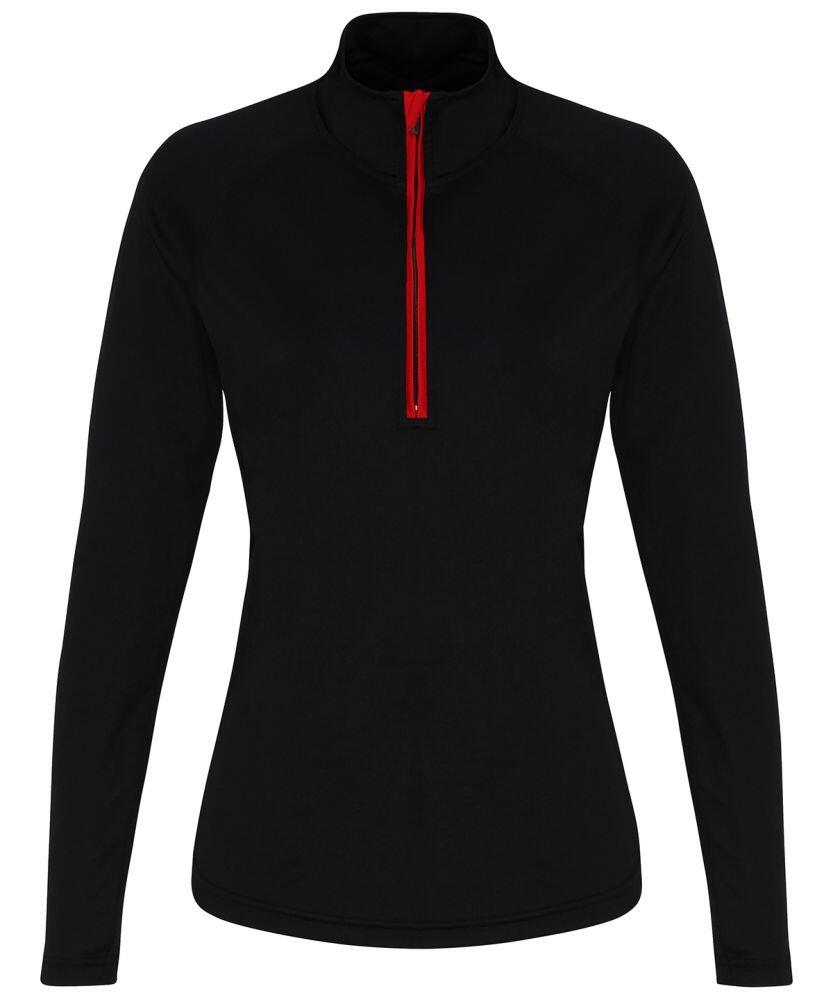 A Tri-Dri TR120 black long-sleeve pullover featuring a red half-zip.