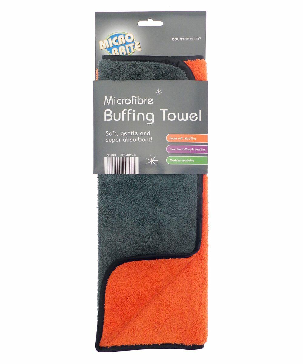 HL218 by Home & Living in two-tone (orange and gray), labeled as soft, gentle, super absorbent, and machine washable. Packaging also indicates it's ideal for buffing and detailing.