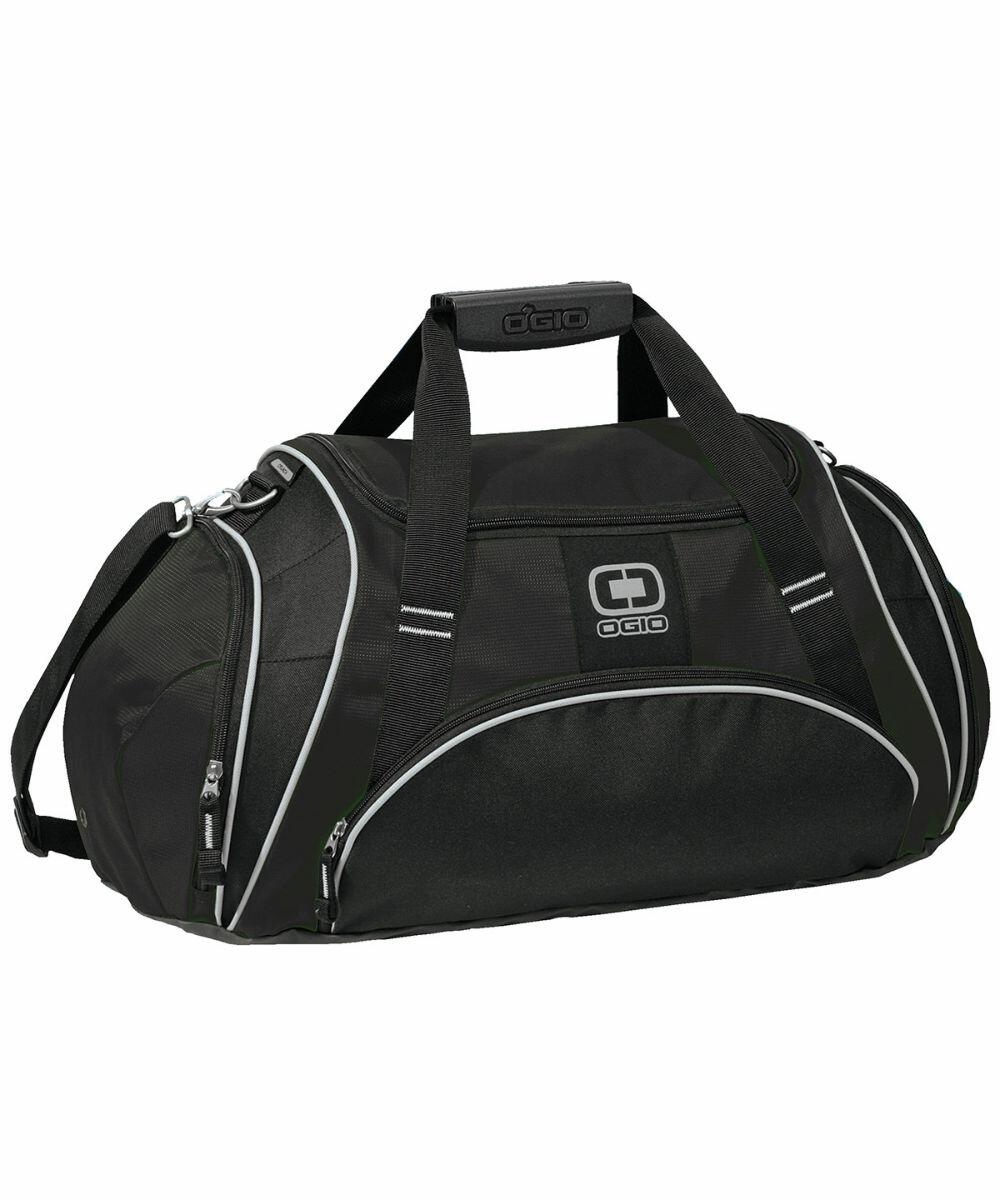 A black Ogio OG011 duffel bag with multiple zippered compartments, a carrying handle, and white accent lines.