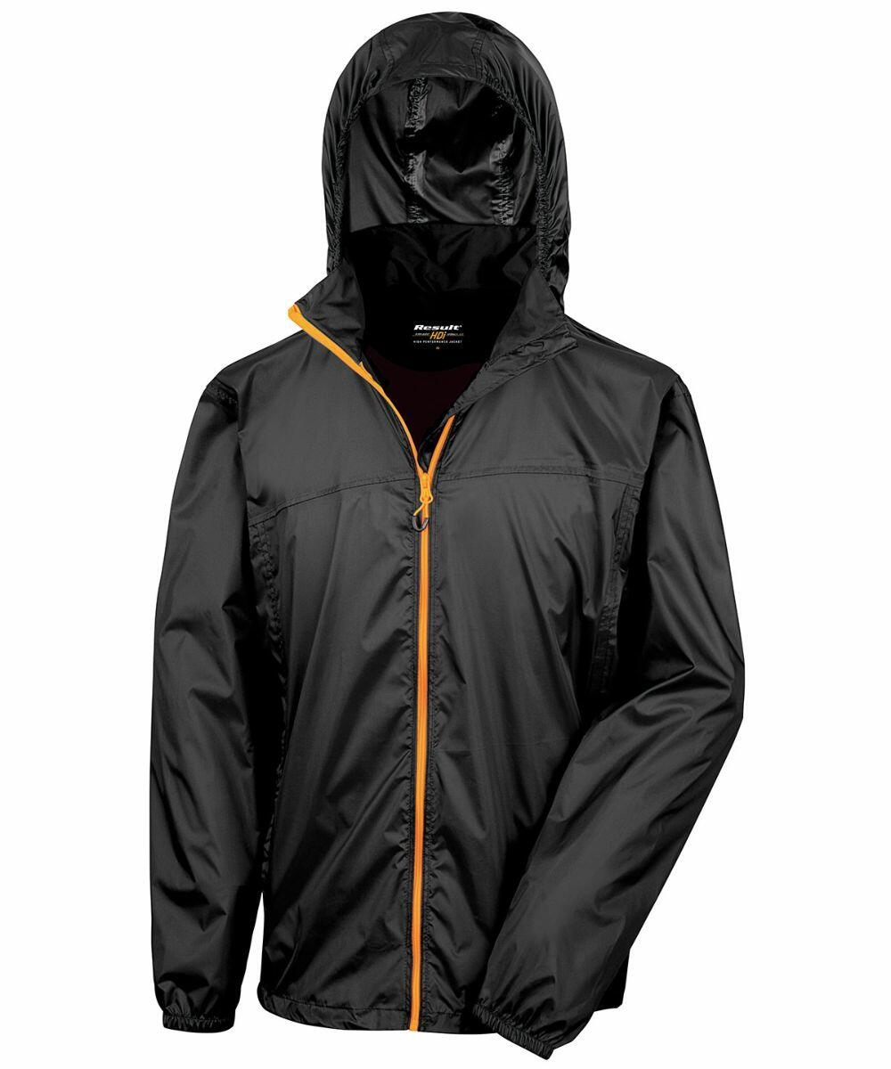 A black, hooded, zip-up jacket with an orange zipper and lining shown against a white background. The product is the R189X by Result.