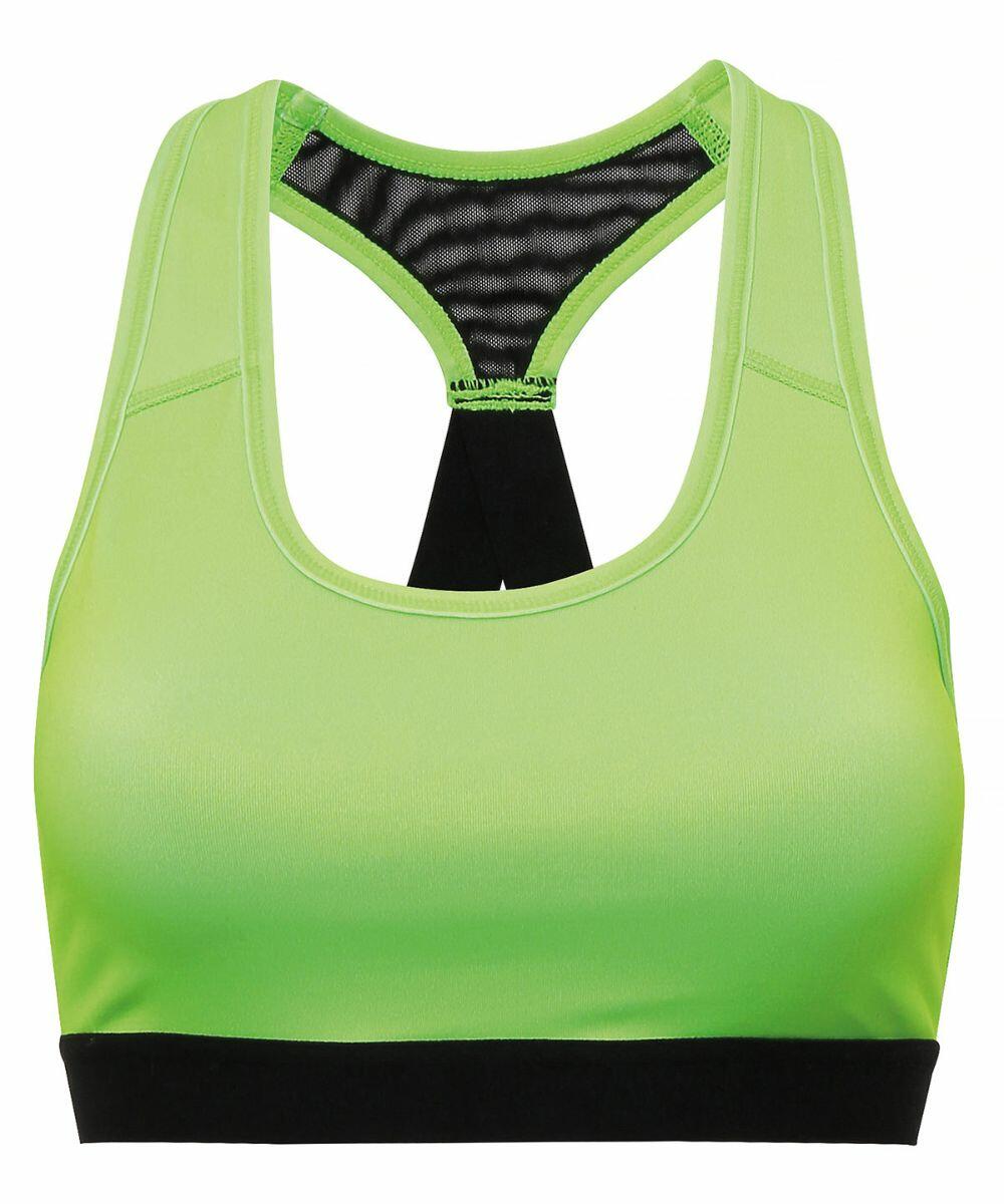 A lime green TR920 sports bra by Tri-Dri with a black underband and a racerback design.