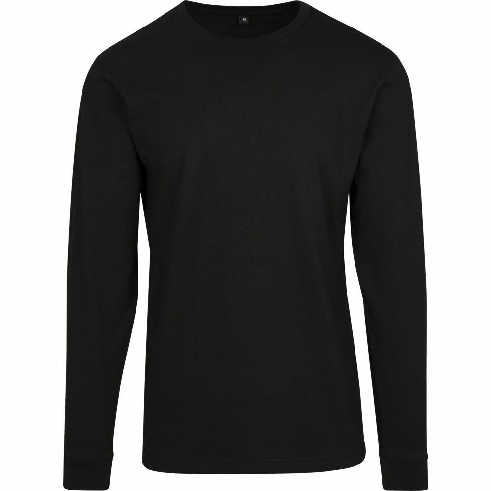 The BY091 by Build Your Brand, a simple black long-sleeve crewneck shirt, is displayed against a white background.