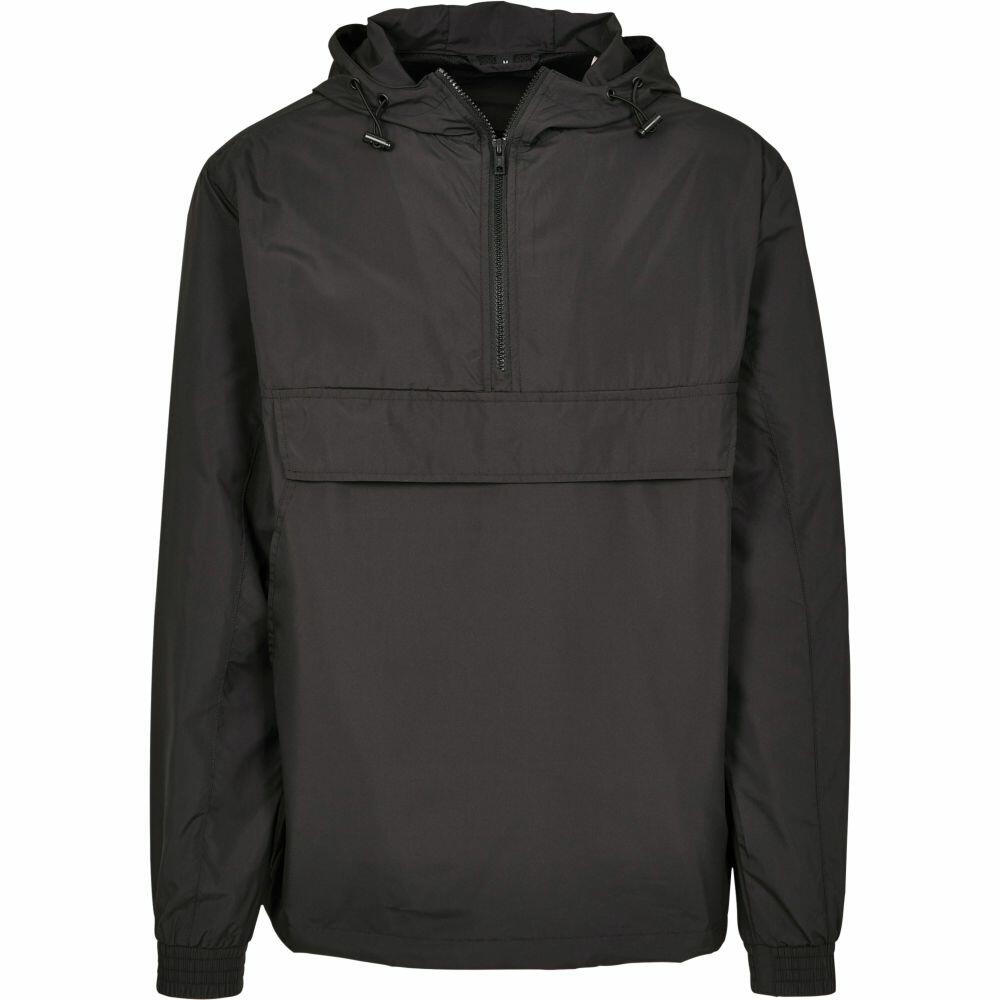 The BY096 pullover jacket from Build Your Brand features a plain black design, complete with a hood and front zipper.