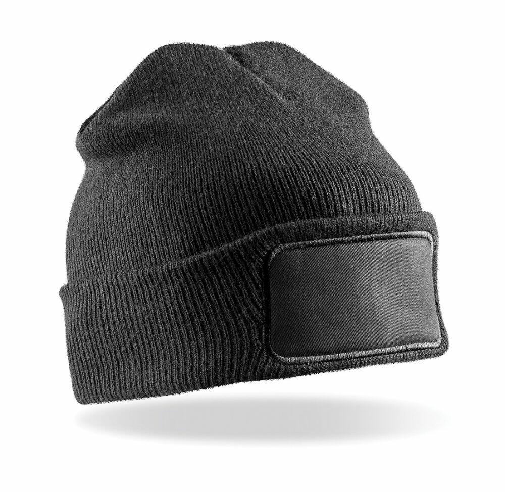 RC27X beanie from Result Winter Essentials, featuring a blank rectangular patch on the front, isolated on a white background.
