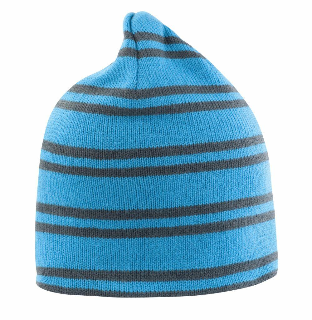 A blue Result Winter Essentials RC354 beanie featuring dark grey horizontal stripes.