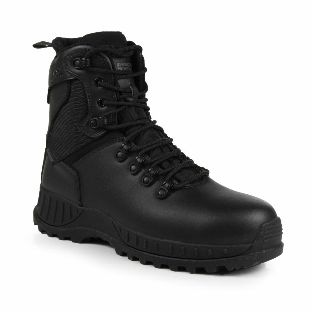 The RG575 by Regatta Safety Footwear is a black combat-style boot featuring a thick, sturdy sole and detailed lacing, designed for durability and protection.