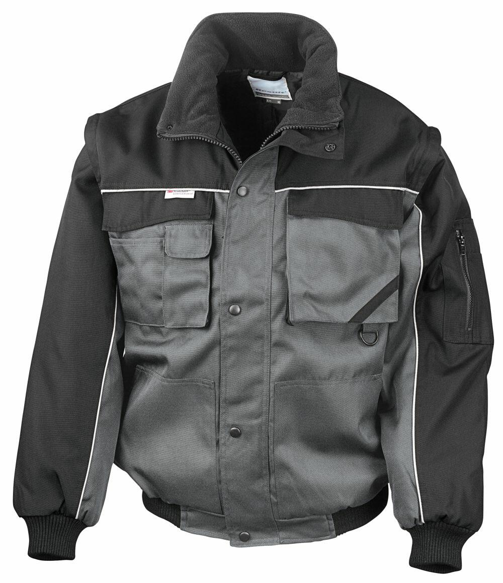 The RE71A by Result Workguard is a work jacket in gray and black that features a zip-up front, multiple pockets, and ribbed cuffs.