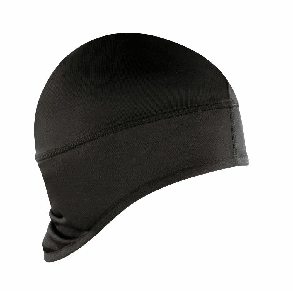 The product is a S263X beanie from Spiro, featuring a plain black color, a fitted style, and a seamless design, shown from a side angle.