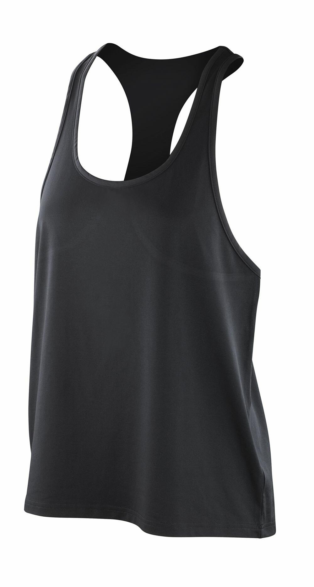 The Spiro S285F is a black racerback tank top without sleeves, featured against a white background.